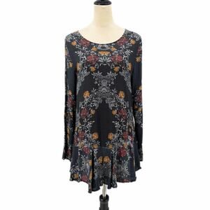 Free People Smooth Talker Tunic Black Floral Long Sleeve Cut Out Back Mini Dress